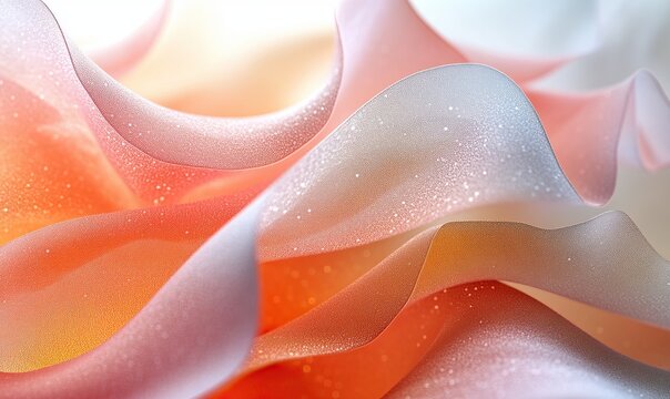 Shimmering abstract fabric waves in soft pastel pink and orange gradient colors.