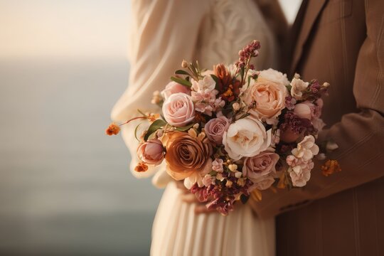 Elegant floral bouquet held by couple against serene ocean backdrop, showcasing soft pastel hues, romantic ambiance, profound love connection, and joyous celebration of union