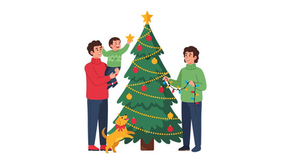 Joyful Family Decorating Christmas Tree: A heartwarming scene unfolds as a family, united in love and tradition, gathers to adorn their Christmas tree, capturing the spirit of the festive season.