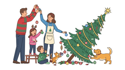 Festive Family: A heartwarming family scene as they adorn the Christmas tree with ornaments, surrounded by joy, laughter and a sense of togetherness.