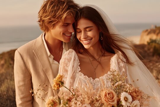 Joyful couple embracing on a scenic cliffside with ocean background showcasing serenity while holding a bouquet of wildflowers capturing the essence of love and celebration