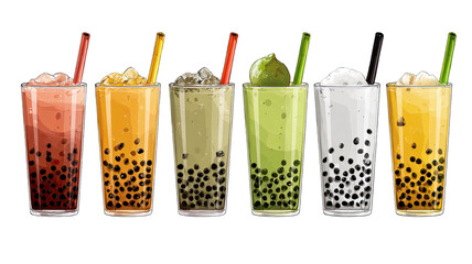Cold fruit juice, and cola beverages with ice in glasses on a white background