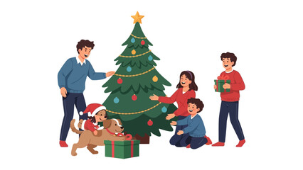 Festive Family Gathering: A joyful family gathers around a Christmas tree, sharing the holiday spirit with gifts, decorations, and a happy dog, all creating a scene of warmth and togetherness.