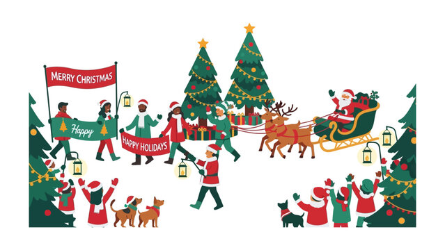 Merry Christmas Celebration: Festive scene depicting the joyous season with Santa Claus, Christmas tree and cheerful parade with a warm embrace of the holiday spirit.