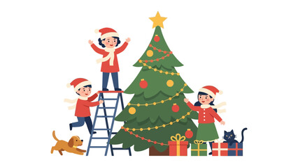 Joyful Christmas Decoration: A family collaborates enthusiastically, decorating a grand tree with ornaments, lights, and festive cheer, filled with excitement for the upcoming holiday.