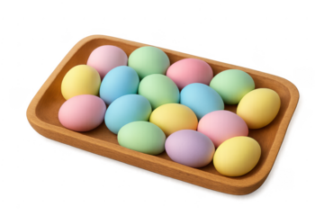 Pastel easter eggs in wooden tray transparent background