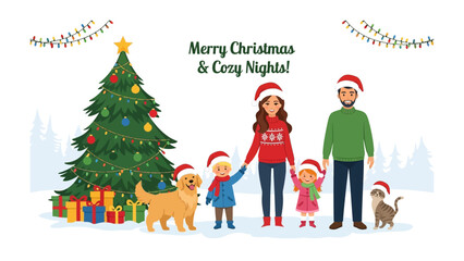 Naklejka premium Cozy Family Christmas: A heartwarming family scene unfolds, as a family and their furry friends gather around a decorated Christmas tree, evoking the joy of Christmas.