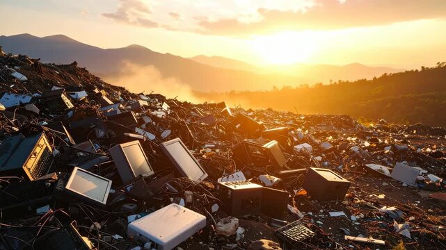 Pile of discarded electronic waste, featuring old computers, monitors, keyboards, amidst a landscape with mountains and sunlight.