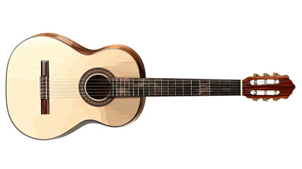 A wooden acoustic guitar with strings is isolated on a white background for a musical object photo