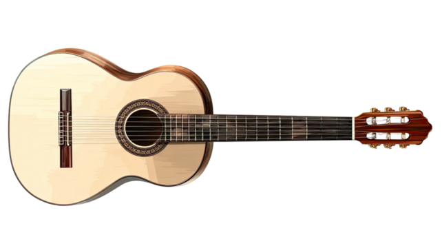 A wooden acoustic guitar with strings is isolated on a white background for a musical object photo