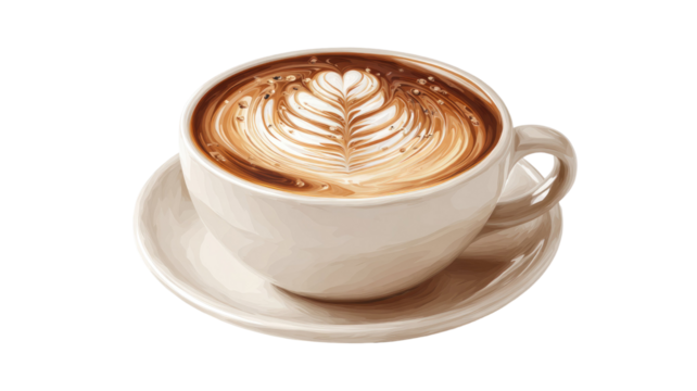 Hot cup of cappuccino, coffee with chocolate, or espresso latte drink on a table with foam heart art and saucer