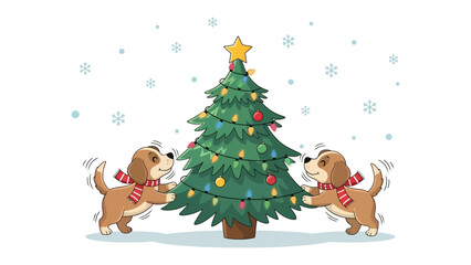 Festive Pups Decorating Christmas Tree: Two cheerful puppies wearing festive scarves gather round a decorated Christmas tree, amid falling snowflakes, radiating warmth and excitement.