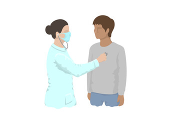 female doctor in a mask listens to the heart of a male patient - hand drawn vector illustration. Medical health checkup