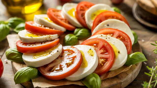 A vibrant food photography shot of a classic Caprese salad artfully arranged on a rustic wooden board. Fresh mozzarella rounds alternate with thick slices of ripe red tomatoes, creating a beautiful pa
