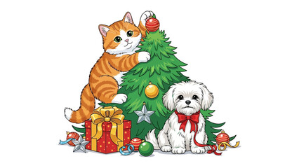 Festive Friends: A charming cat and a cute puppy gather around a decorated Christmas tree, evoking feelings of joy, warmth, and the spirit of the holidays.