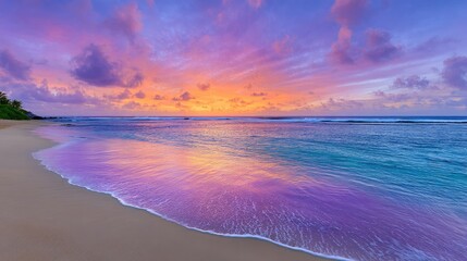 Vibrant tropical sunset over calm ocean waters with colorful sky and gentle waves lapping on a sandy shore illuminated by golden hour light