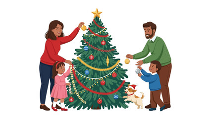 Festive Family Moments: A family decorates a Christmas tree, creating a scene of warmth, joy, and togetherness. capturing the happiness and magic of the season