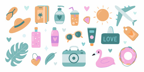 Collection of cute travel and summer vacation icons and elements with a hand drawn style