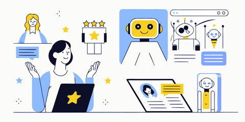 Woman interacting with ai chatbots and robots for customer service and feedback analysis