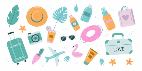 Collection of cute cartoon summer vacation travel essentials and tropical elements on white background