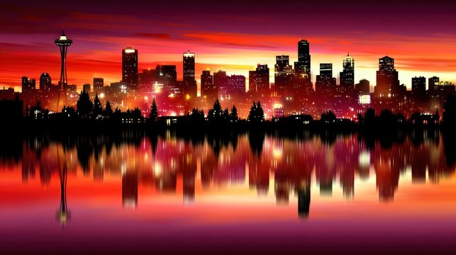 Colorful Sunset Skyline of a Modern City with Reflections on Water