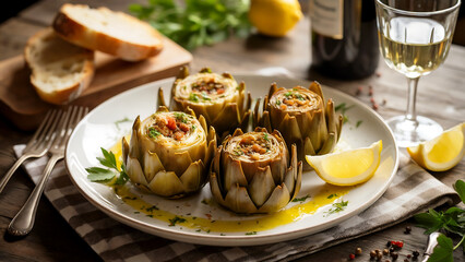 A rustic Italian restaurant scene featuring a traditional Roman artichoke dish, carciofi alla romana, beautifully plated on white ceramic dishware. The tender artichokes are stuffed with fresh herbs, 
