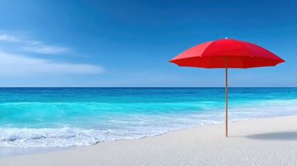 Vivid Red Beach Umbrella Stands Alone on a White Pebble Shoreline Beside Turquoise Ocean Waves Under a Clear Blue Sky