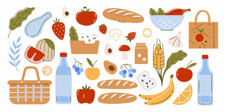 A vibrant collection of fresh food items and picnic essentials arranged in a playful flat design style