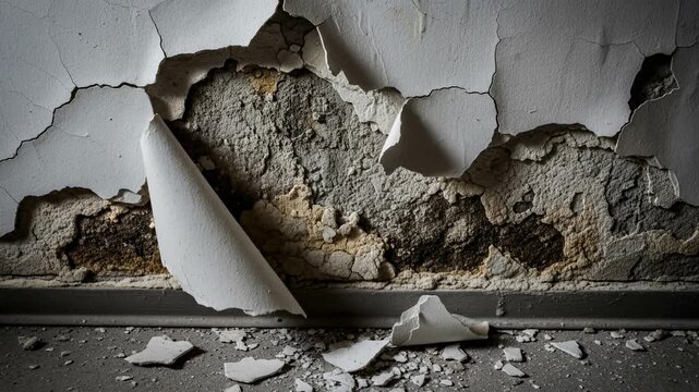 Damaged wall with peeling paint and exposed concrete background. Cracked plaster peeling away from flood damage from a water-damaged wall, flakes falling slowly to the floor
