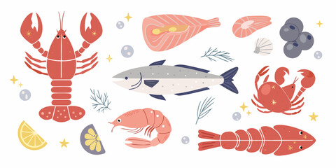 A charming collection of seafood illustrations including lobster shrimp fish crab salmon and lemon slices