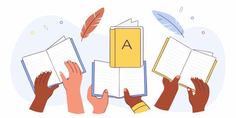 Diverse hands holding open books and a closed book with letter a and feathers symbolizing knowledge and learning