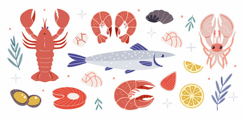 Collection of fresh seafood and ocean delicacies with lemon and greens