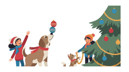 Holiday Joy: Youngsters and their furry companions revel in the holiday spirit, adorning the Christmas tree with ornaments, encapsulating the season's cheerful moments.