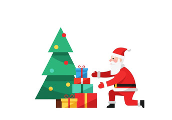 Santa Claus Arranging Gifts Around Christmas Tree Illustration.