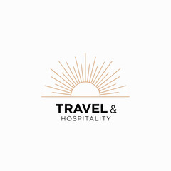 Fototapeta premium Minimalist line art logo for travel and hospitality with a rising sun graphic.