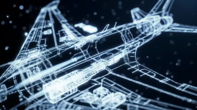 Blueprint of an airplane in a black space, with white lines and a glowing core. Use for design and innovation