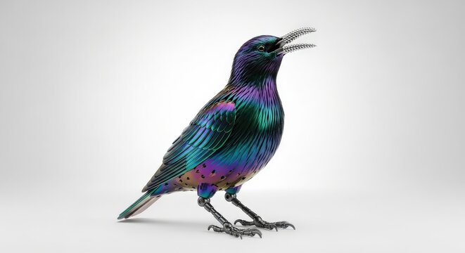 Robotic Starling Bird with Metallic Feathers Perched Against White Backdrop - Powered by Adobe