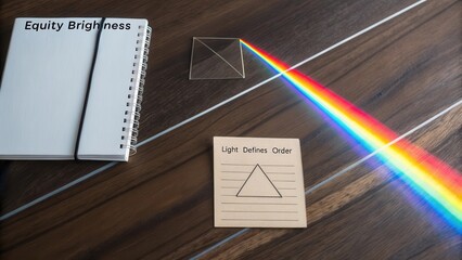 Light Spectrum Analysis with Prism on Wooden Surface, Notebook, and Notes Highlighting Concepts of Equity and Brightness