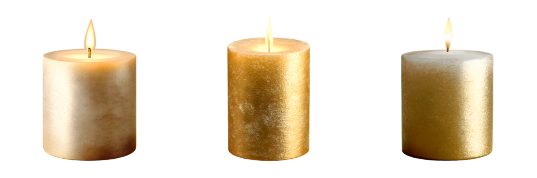 Set of gold pillar candles with flame, isolated on transparent background - Powered by Adobe