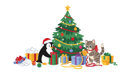 Naklejka premium Christmas Gift Givers: A festive scene where a penguin and a cat joyfully prepare presents near a Christmas tree. The scene showcases holiday cheer and giving.