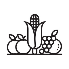Stylized line art illustration of fresh fruits and vegetables