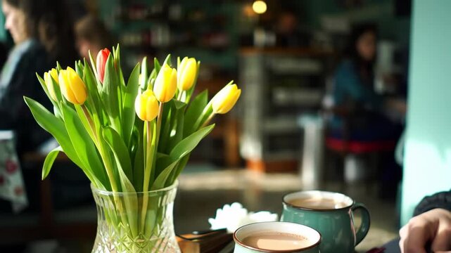 Bouquet of tulips on table in cafe with coffee. Background blurred with people; spring season. For marketing