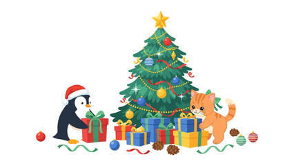 Festive Christmas Scene: Adorable penguin and playful cat collaborate to unwrap gifts by the radiant, ornamented Christmas tree, set in a cozy, celebratory holiday setting.