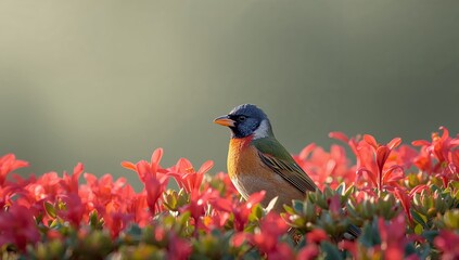 Bird Amidst Floral Splendor. A Study in Color and Contrast, Natures Gentle Embrace.