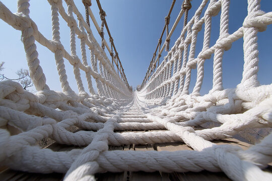 Fototapeta Modern rope bridge spans a scenic river surrounded by nature in foggy conditions