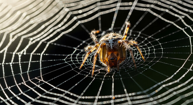 A close-up shot of a brown spider with intricate patterns on its back, sitting patiently in the center of a dew-covered spiderweb, glistening in the sunlight against a dark background.