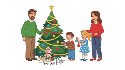 Holiday Harmony: A Family's Joyful Christmas Ritual. A family, united by love, gathers around a vibrant, decorated evergreen tree, sharing in the warmth and joy of the holiday season.