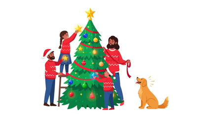 Family Holiday Cheer: A family, surrounded by twinkling lights and festive ornaments, gathers around the Christmas tree to decorate it, cherishing moments of togetherness.