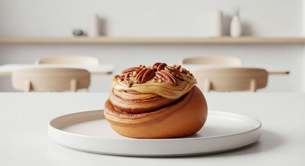 Artisan Pecan Swirl Bun Topped with Rich Toffee Icing and Crunchy Nuts, Served on a White Plate in a Minimalist Cafe Interior