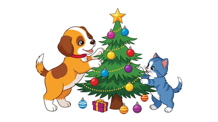 Festive Friends: A charming illustration capturing the spirit of Christmas, featuring a playful puppy and a cute kitten decorating a vibrant Christmas tree with colorful ornaments and a shining star.